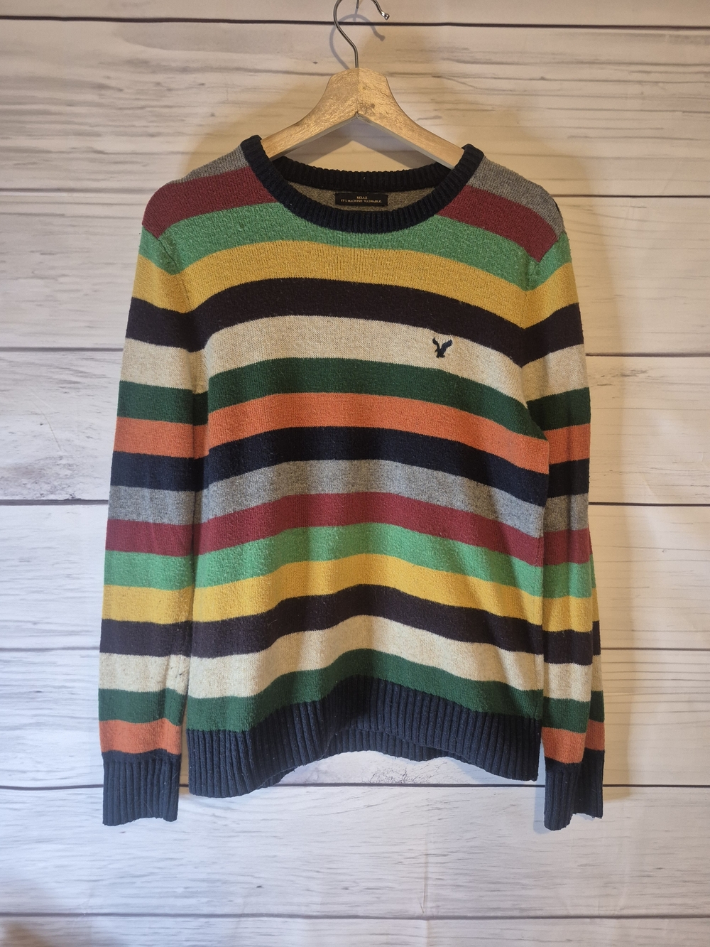 Striped Multicolor Athletic Fit Crewneck Sweater - American Eagle Outfitters Med